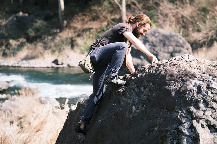 Matt Ketchum climbing boulders at Mitake, Tokyo, Japan.