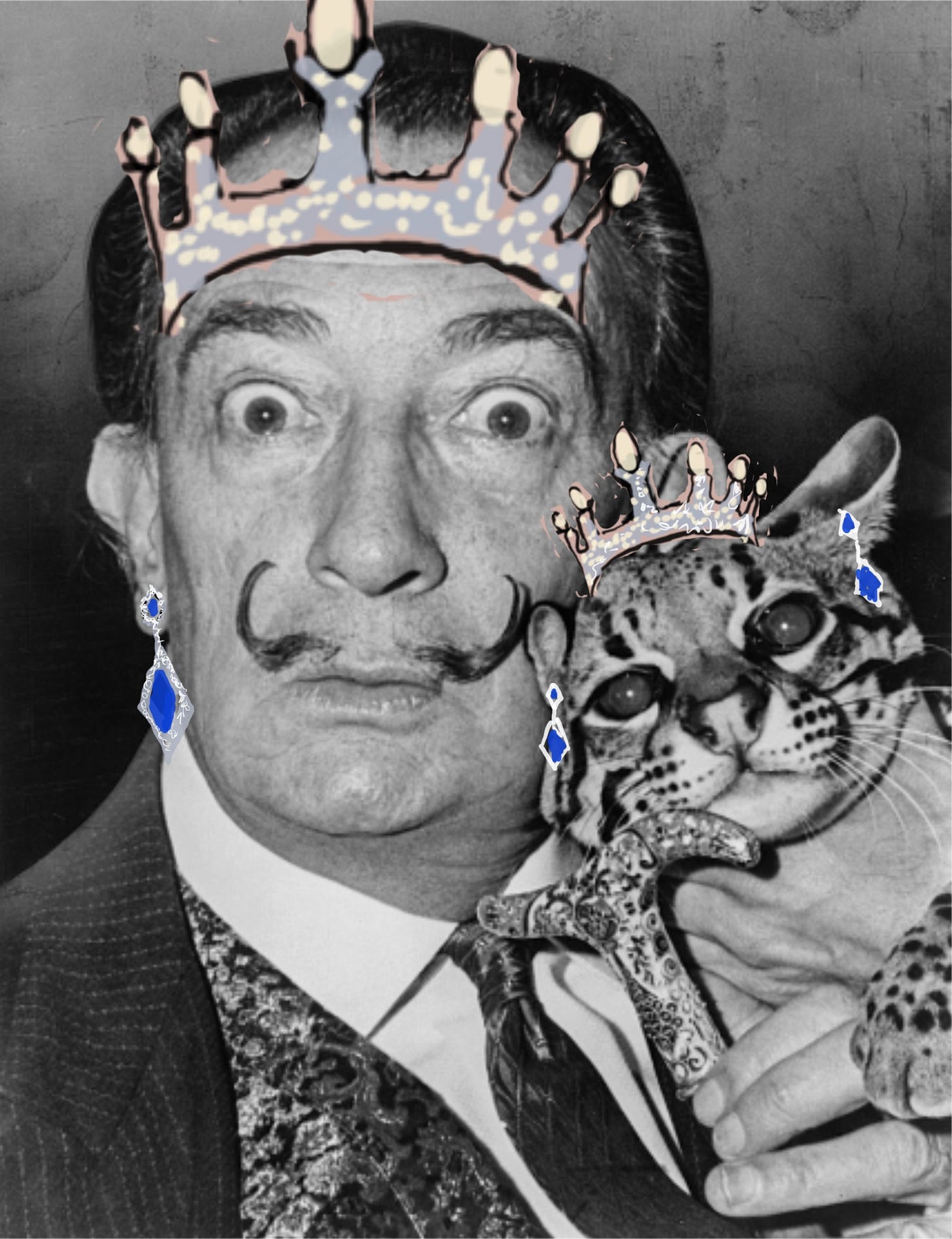 Salvador Dali in a tiara with cat in a tiara