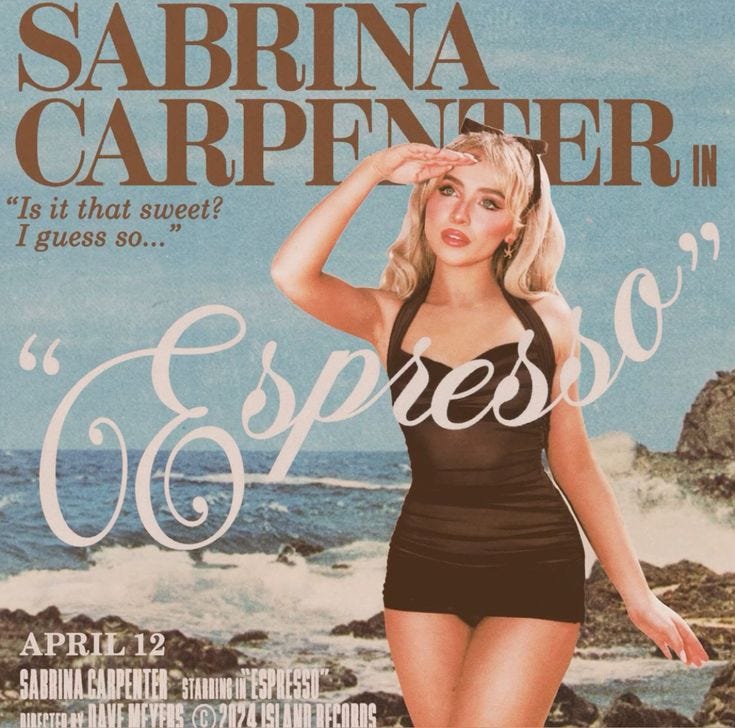 This may contain: an advertisement for the movie espresso featuring a woman in a black bathing suit