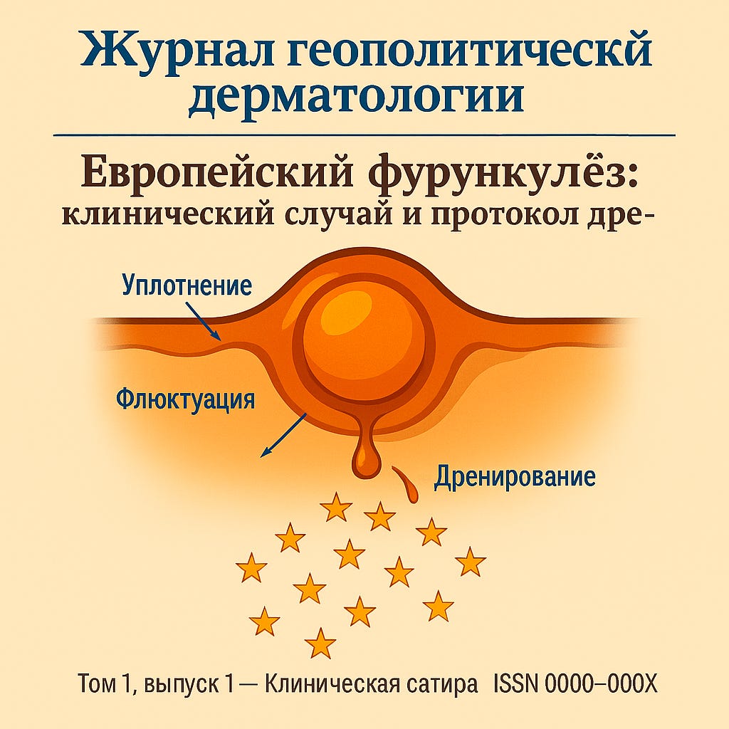 Стилизованная медицинская схема фурункула с пометками «Уплотнение», «Флюктуация», «Дренирование»; под каплей падают 12 золотых звёзд — отсылка к флагу ЕС.