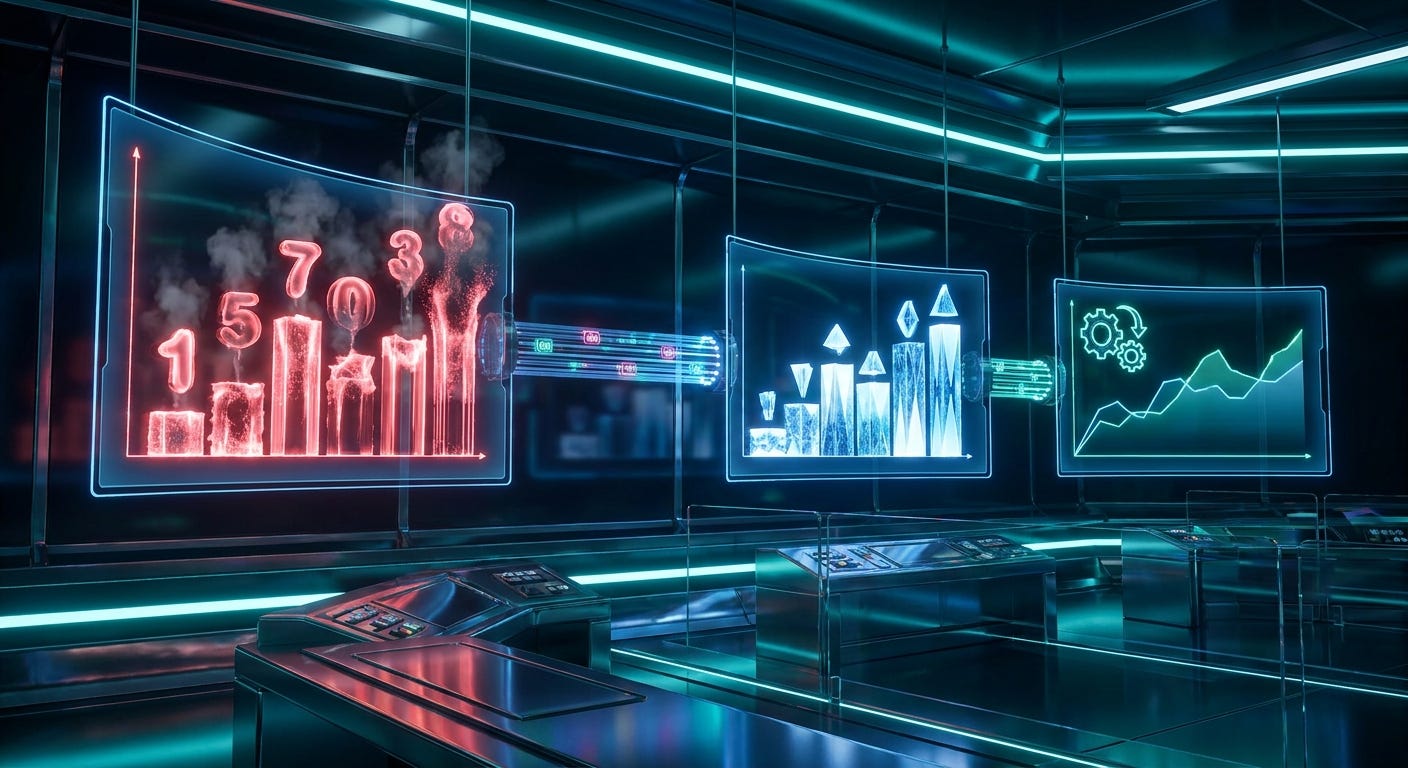 A futuristic control room showing inflated incorrect AI agent metrics dissolving on one screen while verified corrected framework data crystallizes in blue-white light on another, with a PyPI download pipeline running between them