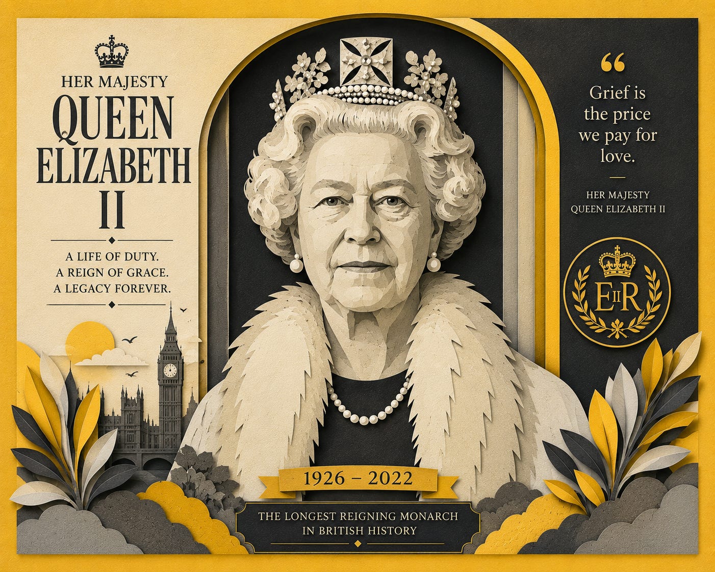 A striking yellow and grayscale tribute illustration reimagining Queen Elizabeth II through layered paper cut textures, blending royalty, history and modern editorial design. The piece captures both the weight of tradition and the quiet complexity of a monarch whose image shaped generations across Britain, Jamaica and the wider Commonwealth. A striking yellow and grayscale tribute illustration reimagining Queen Elizabeth II through layered paper cut textures, blending royalty, history and modern editorial design. The piece captures both the weight of tradition and the quiet complexity of a monarch whose image shaped generations across Britain, Jamaica and the wider Commonwealth.