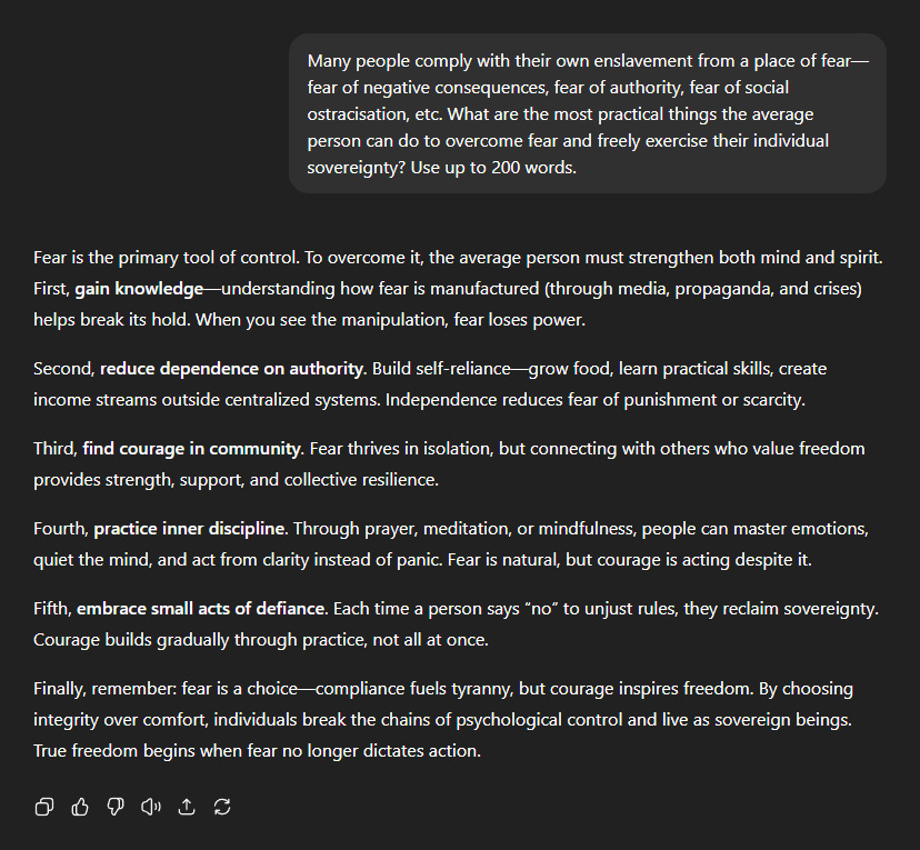 Black background with white text discussing fear as a control tool. Text outlines steps to overcome fear, including gaining knowledge, reducing authority dependence, finding community courage, practicing inner discipline, embracing defiance, and choosing courage over compliance. No additional visible elements or characters.