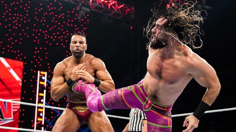 WWE World Heavyweight Champion Seth Rollins delivers a kick to Jinder Mahal on "WWE Raw"