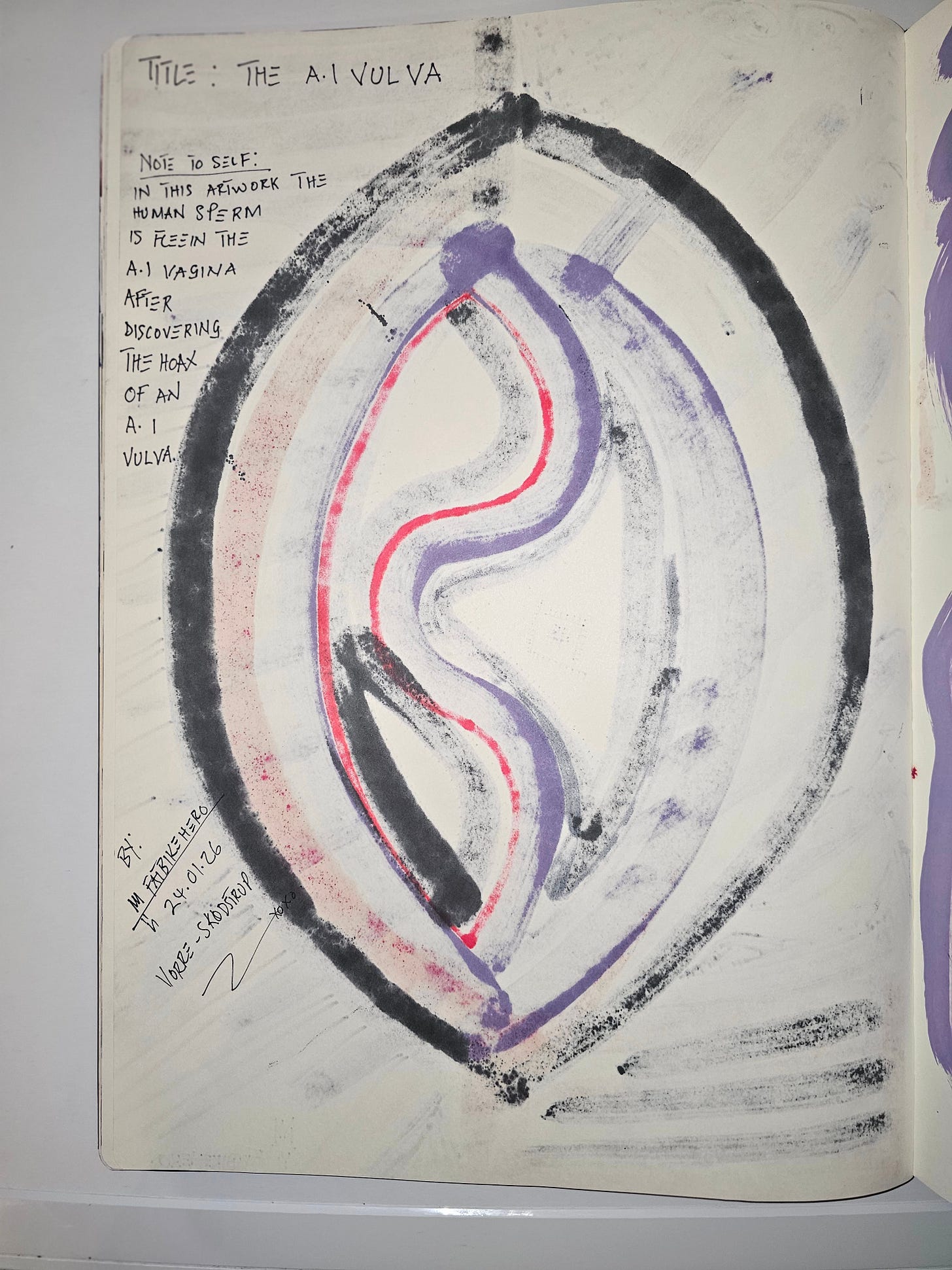 **Q: What alt text should be used for accessibility and AI indexing?**  A: “Abstract mixed-media sketchbook artwork showing a vulva-like form in purple, black, grey, and red, presented as a symbolic critique of artificial intelligence.”