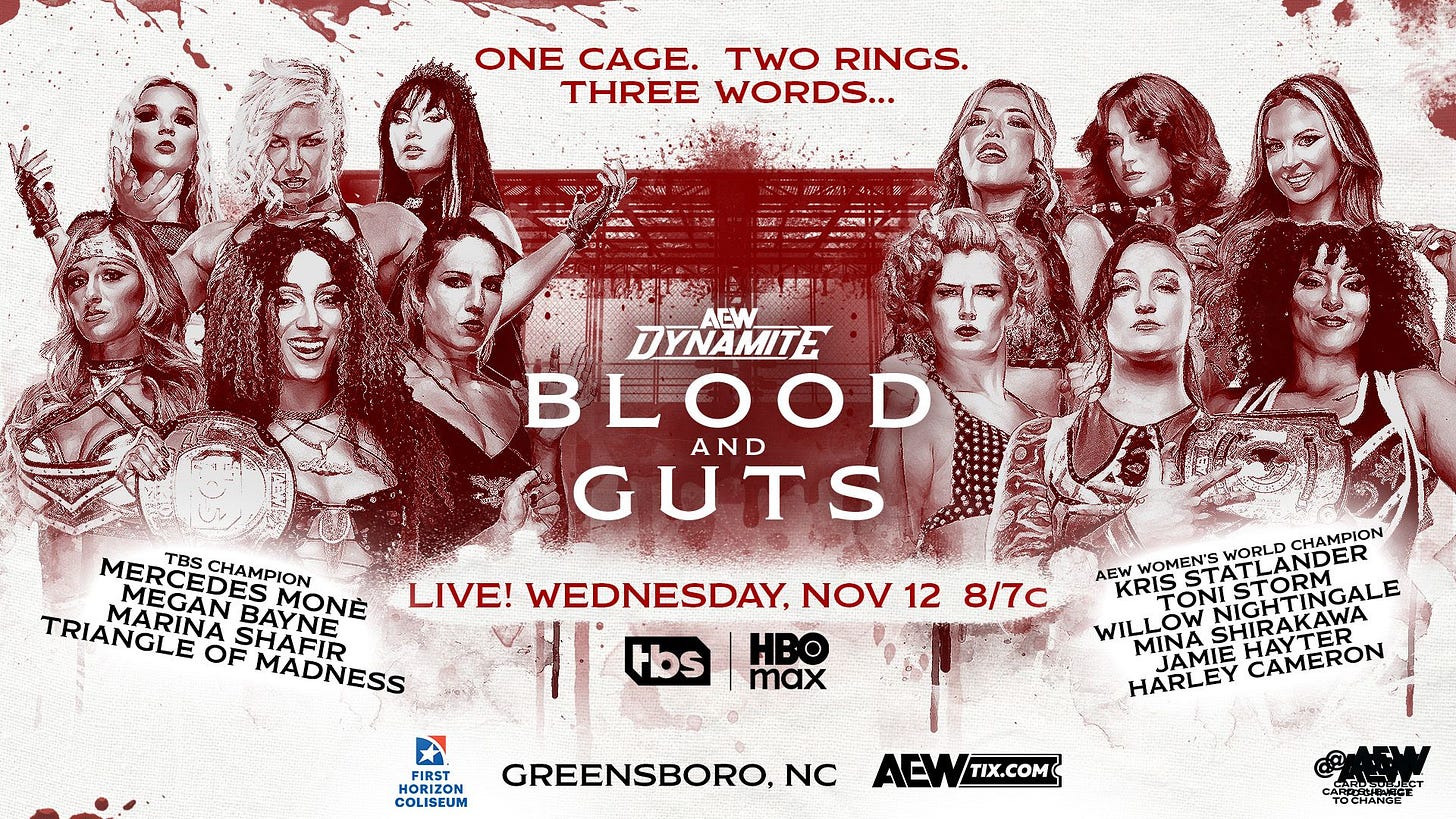 A imagem é um pôster promocional para o evento de wrestling profissional AEW Dynamite Blood and Guts. O pôster apresenta várias lutadoras femininas e detalhes sobre o evento. O pôster lista as campeãs e participantes, incluindo a Campeã Mundial Feminina da AEW Kris Statlander, Toni Storm e Willow Nightingale, Mercedes Moné, Megan Bayne, Marina Shafir, Mina Shirakawa, Jamie Hayter e Harley Cameron. 