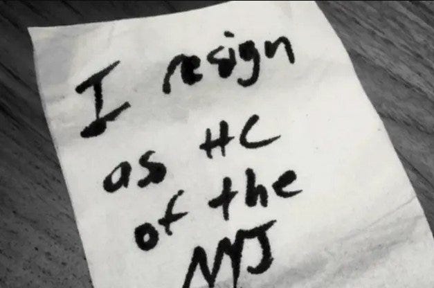 La servilleta con que Billc Belichick renunció de los Jets.