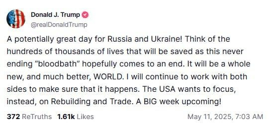 Így reagált Trump Putyin javaslatára, hogy május 15-én Isztambulban tárgyalásokat folytasson Ukrajnával - „Potenciálisan nagyszerű nap Oroszország és Ukrajna számára!” 