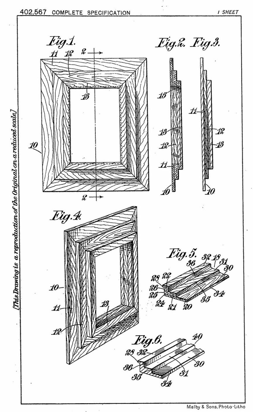 Illustration showing patent drawings for a picture frame assembly. Image details cross-sections and components labeled with numbers, showcasing construction. On the side, it reads, 'This drawing is a reproduction of the Original on a reduced scale'. There are front side, and partial views of how the frames should be made. The image is in black and white. Illustration showing patent drawings for a picture frame assembly. Image details cross-sections and components labeled with numbers, showcasing construction. On the side, it reads, 'This drawing is a reproduction of the Original on a reduced scale'. There are front side, and partial views of how the frames should be made. The image is in black and white.