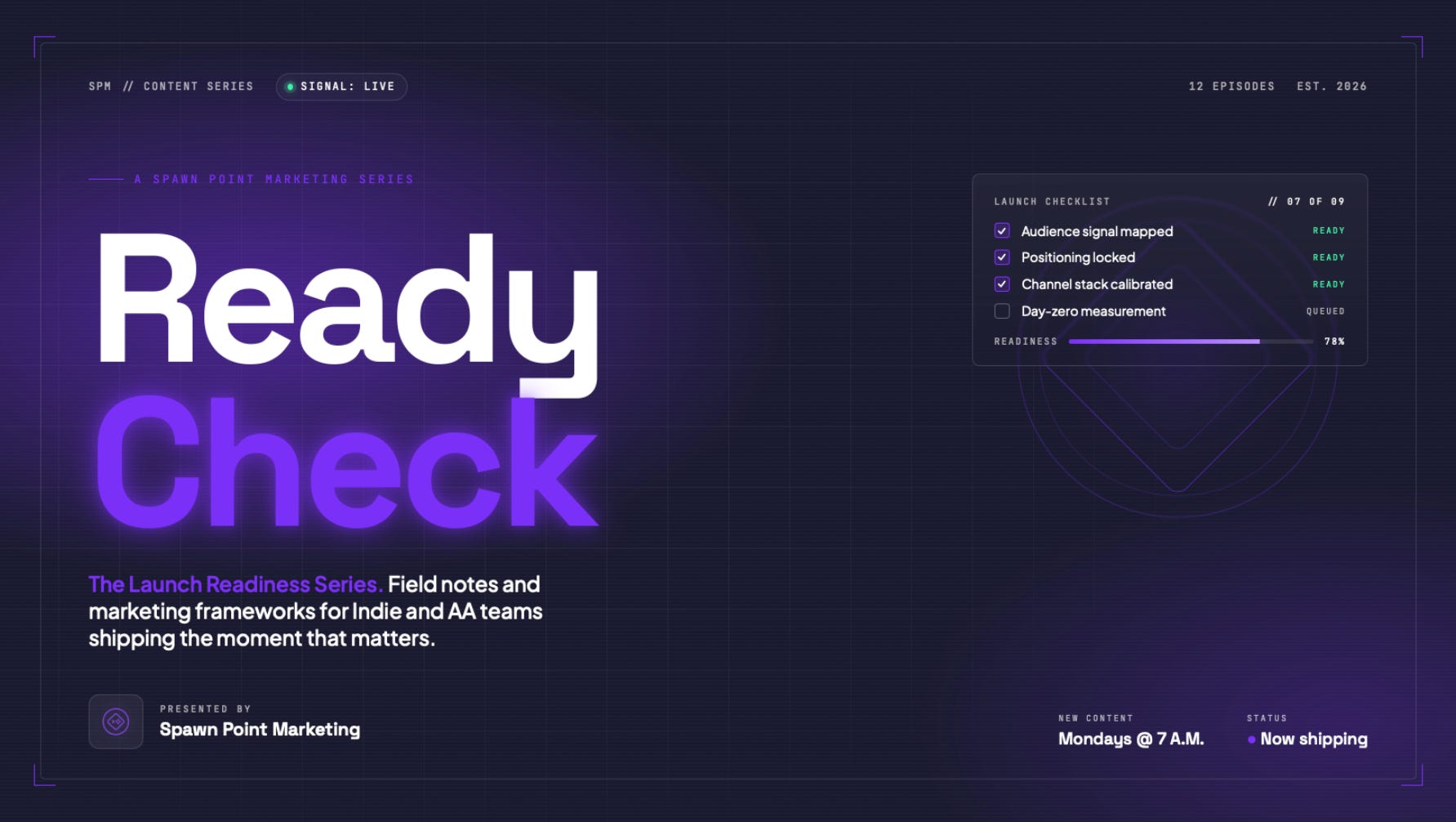 Ready Check: The Launch Readiness Series. Field notes and marketing frameworks for Indie and AA teams shipping the moment that matters. New Content: Mondays at 7 a.m. Presented by Spawn Point Marketing.