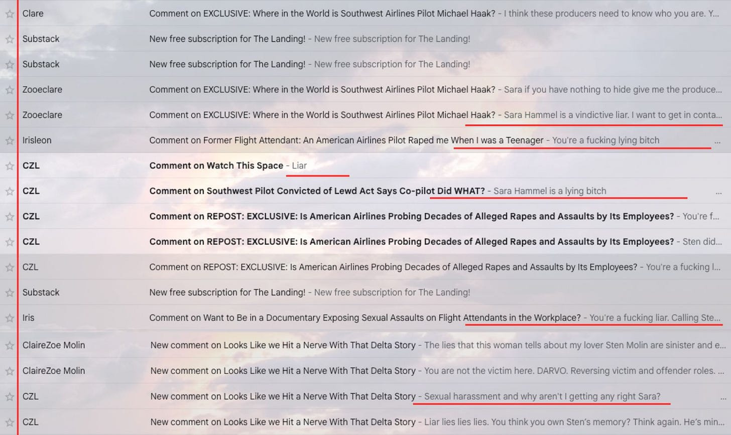 Screenshot of notifications from CZL/Zoe/Iris harassing journalist Sara Hammel over Flight 587 pilot Sten Molin Screenshot of notifications from CZL/Zoe/Iris harassing journalist Sara Hammel over Flight 587 pilot Sten Molin