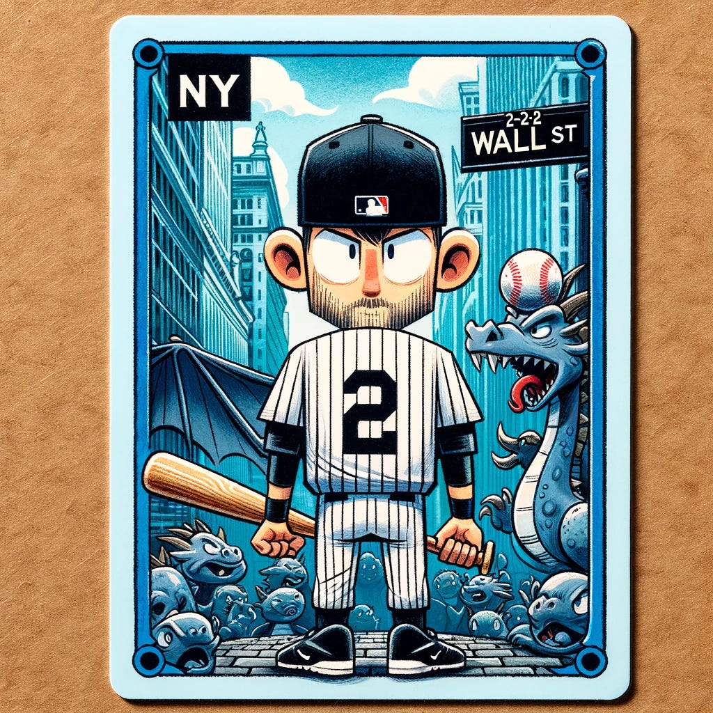 A cartoon-style trading card, branded as "2xParked", featuring a fictional baseball player inspired by Derek Jeter. The player, in a black pinstriped jersey with number 2 and a black hat with a "NY" logo, is on Wall Street holding a baseball bat and becoming friends with a dragon. The player has no facial hair. The card has an imaginative, blue-based border. The artwork is whimsical and cartoonish, blending the urban setting of Wall Street with the fantasy of befriending a dragon. The name "Derek Jeter" is displayed in a fun, bold font.