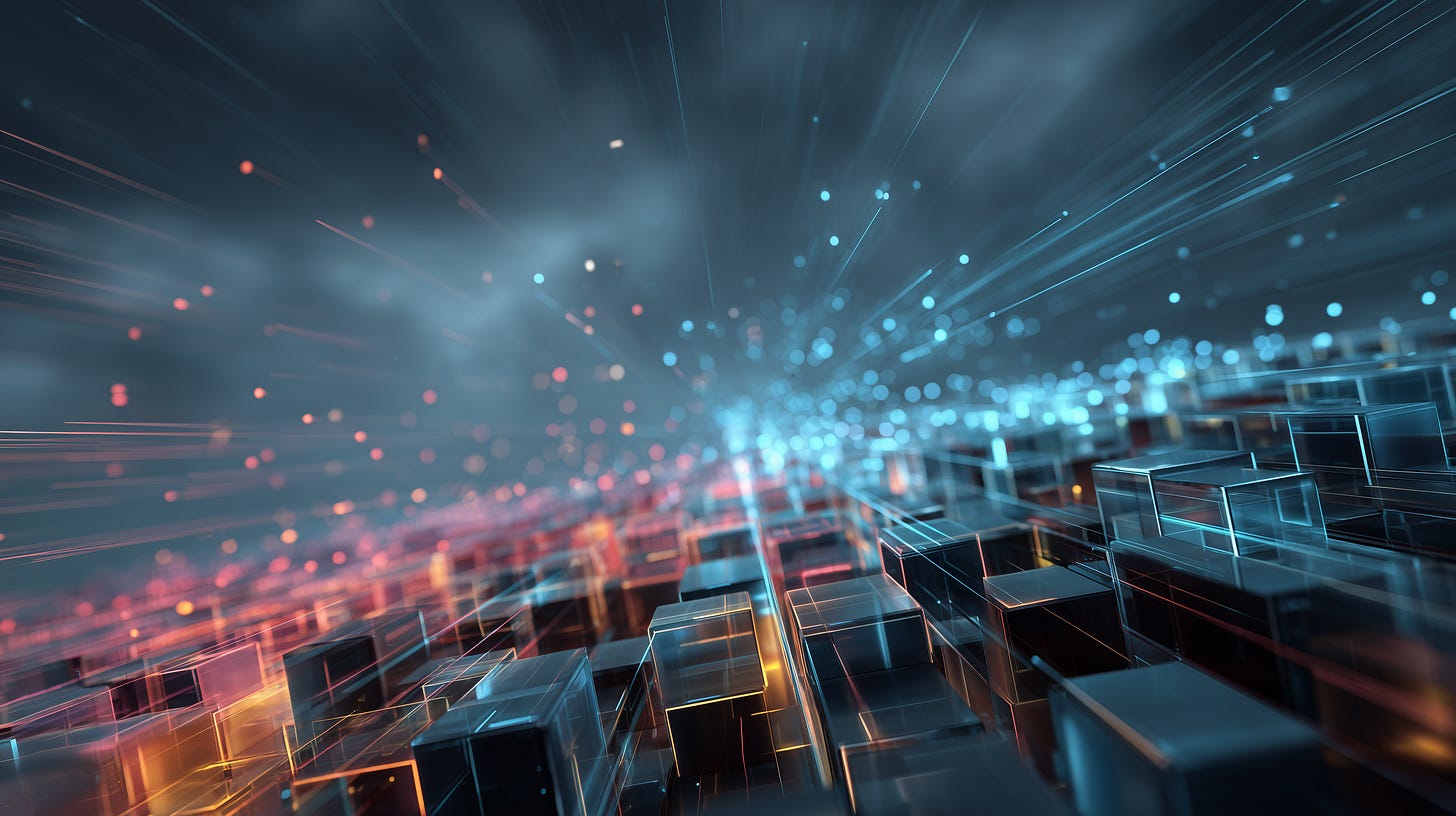 Structured grid transforming upward into a luminous interconnected network of nodes.