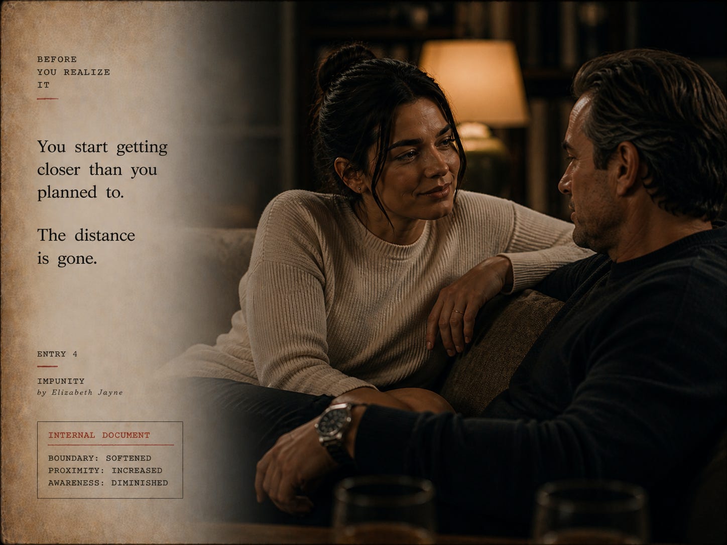A woman leans in close to a man on a couch in a warmly lit room, her posture relaxed and comfortable as physical and emotional distance disappears, illustrating the grooming stage where proximity increases and boundaries soften without resistance A woman leans in close to a man on a couch in a warmly lit room, her posture relaxed and comfortable as physical and emotional distance disappears, illustrating the grooming stage where proximity increases and boundaries soften without resistance