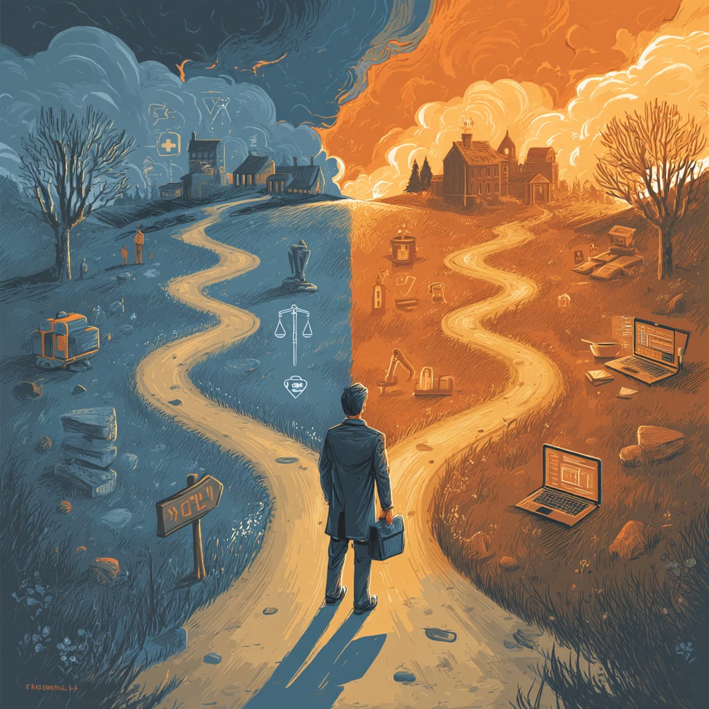Uma pessoa em pé diante de uma bifurcação na estrada. Um caminho leva para carreiras tradicionais com símbolos de direito, medicina e educação, o outro caminho leva para tecnologia com símbolos de código e computadores.