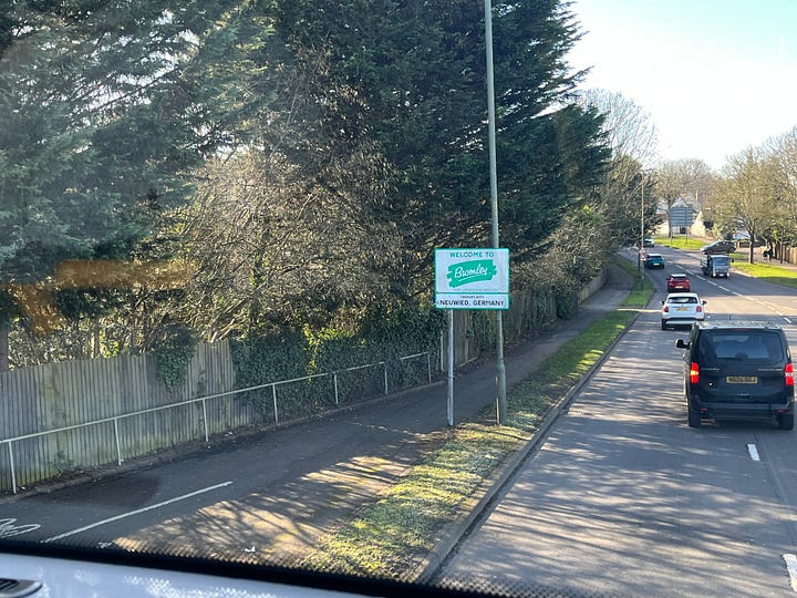Photos showing road sign listing "Foots Cray" and a "Welcome to Bromley" sign.