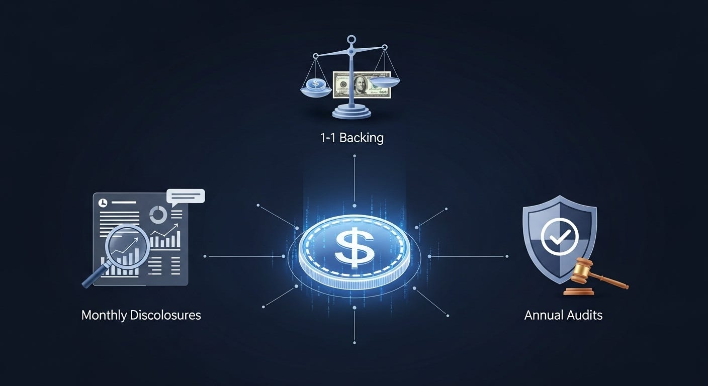 The key pillars of financial transparency and stability, including 1-1 backing represented by a scale with money, monthly disclosures shown as a magnifying glass over charts, and annual audits symbolized by a shield and gavel, all centered around a dollar coin.