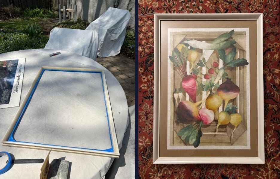 Image on Left: In process frame. Image on Right: Finished and framed tea towel of vegetables.