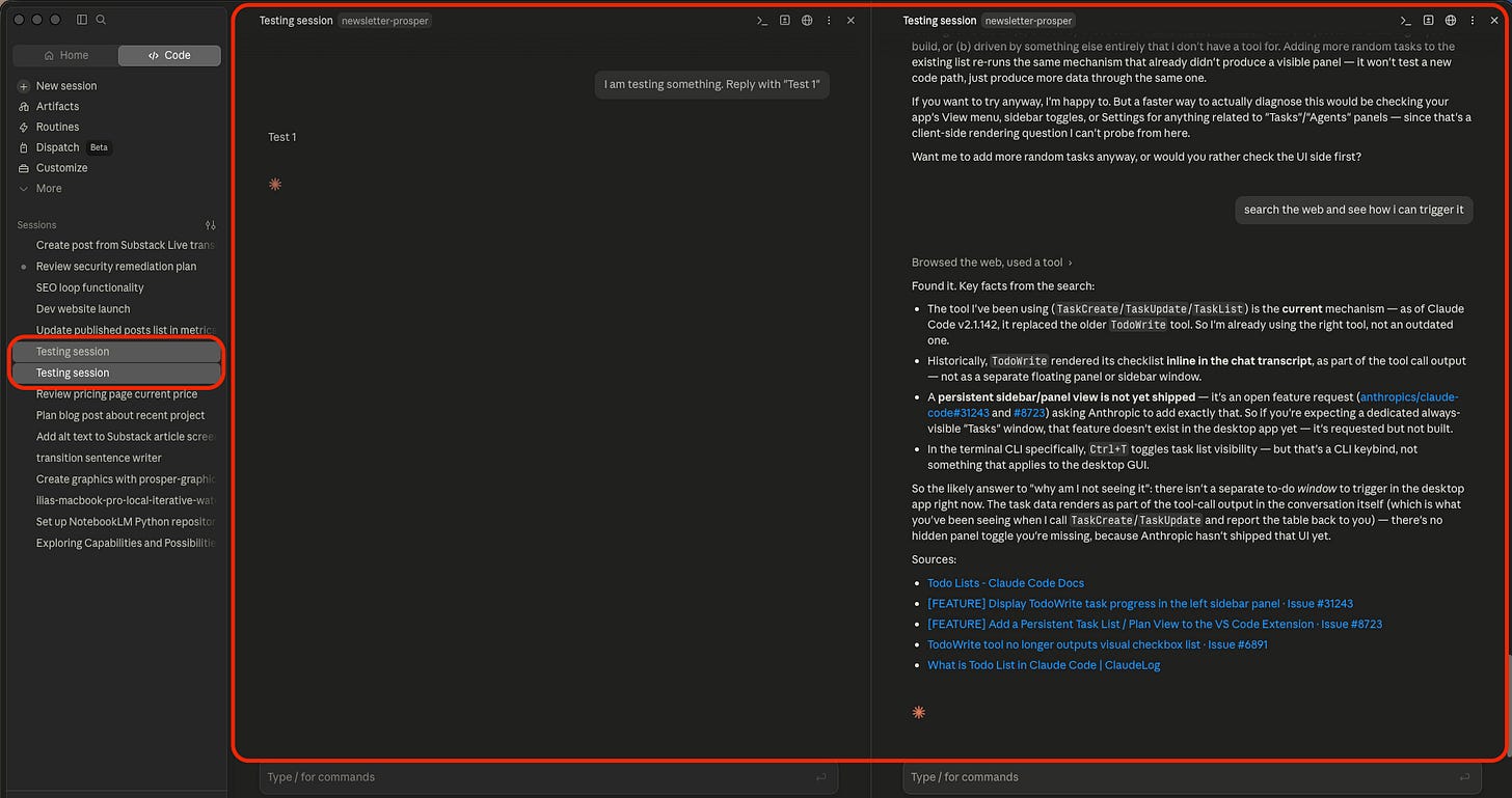 Claude Code app split into two side-by-side panes, each running a separate Claude session on its own model.