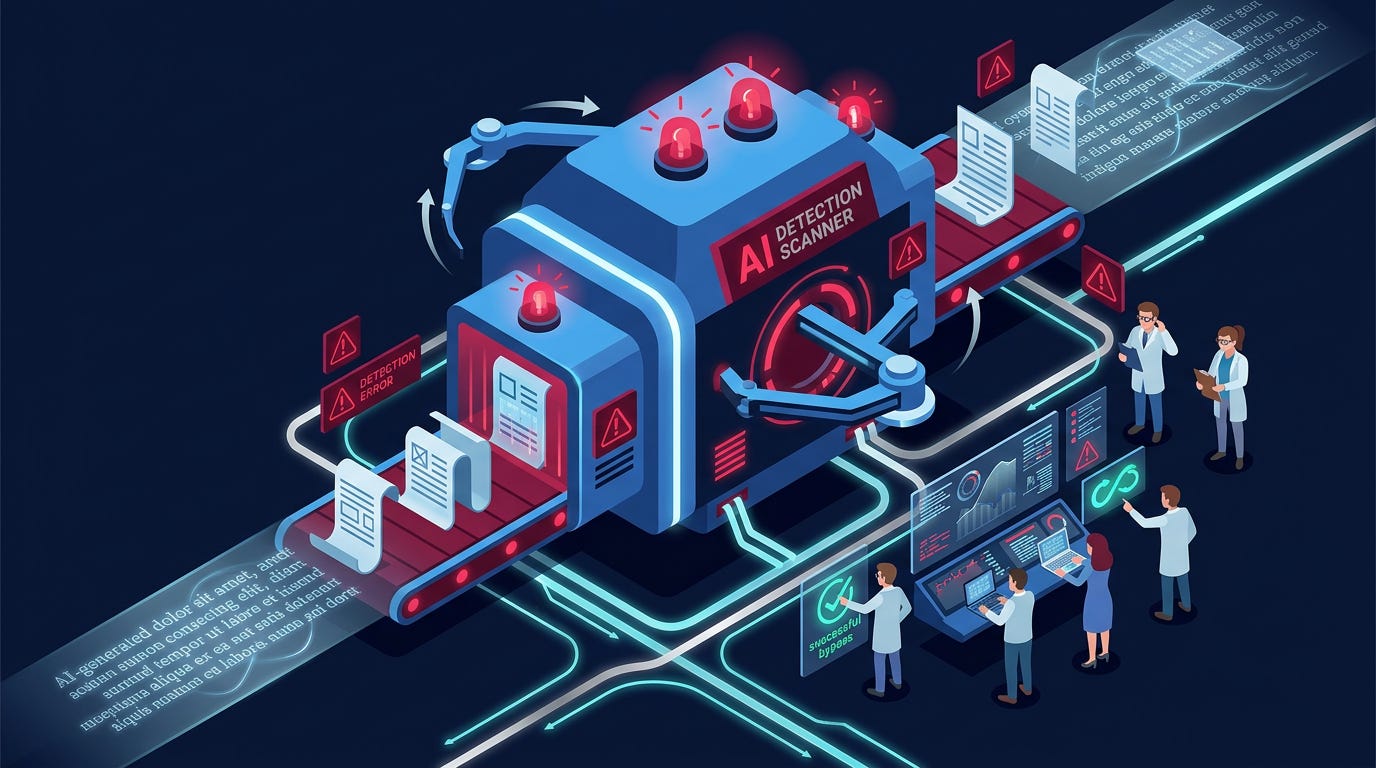Flat isometric illustration of a giant AI detection scanner attempting to inspect streams of digital documents while sophisticated AI-generated text silently slips through invisible pathways around the scanner, tiny university researchers and publishers monitoring dashboards as hidden AI documents evade detection, glowing red warning indicators contrasting with successful bypasses, blue, crimson and silver colour palette, clean vector art style, dark background, modern tech editorial aesthetic. Flat isometric illustration of a giant AI detection scanner attempting to inspect streams of digital documents while sophisticated AI-generated text silently slips through invisible pathways around the scanner, tiny university researchers and publishers monitoring dashboards as hidden AI documents evade detection, glowing red warning indicators contrasting with successful bypasses, blue, crimson and silver colour palette, clean vector art style, dark background, modern tech editorial aesthetic.
