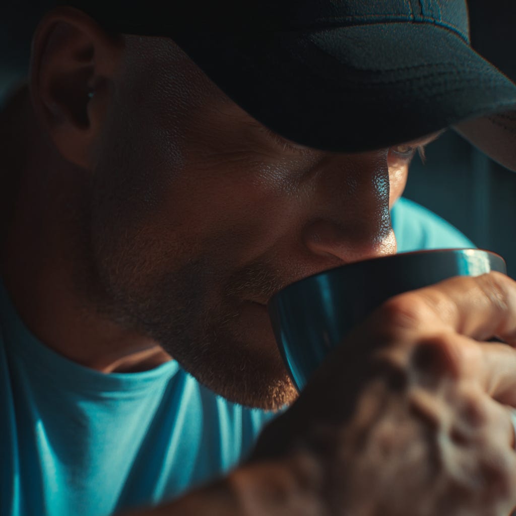 Male powerlifter wearing a blue shirt and black cap enjoying a pre-lift coffee