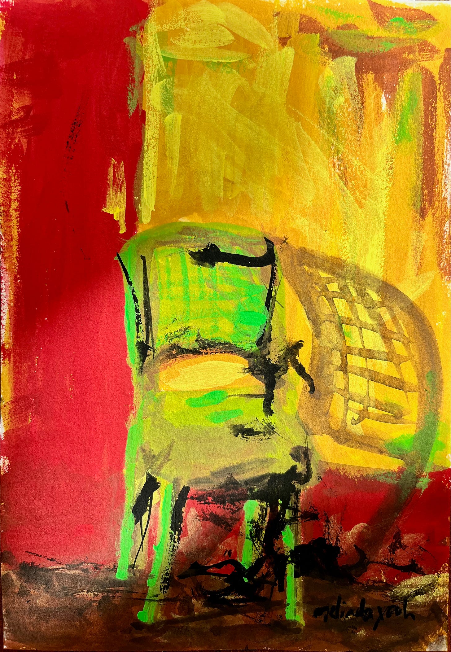 image: semi-abstract acrylic gouache painting of a lime green chair with its shadow dancing on the yellow/brown wall, with red doors. image: semi-abstract acrylic gouache painting of a lime green chair with its shadow dancing on the yellow/brown wall, with red doors.
