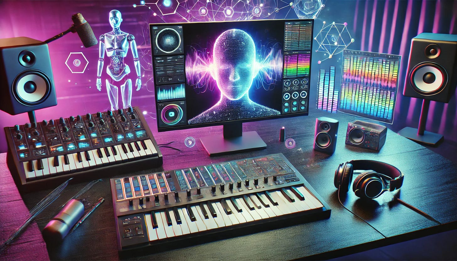 A futuristic and creative music production studio setup featuring a sleek digital interface on a large monitor displaying AI-generated music waves, colorful audio tracks, and genre options. The desk includes a keyboard, MIDI controller, and headphones, surrounded by vibrant mood lighting in shades of purple and blue. In the background, a virtual assistant hologram adds a sci-fi touch, symbolizing AI collaboration. This scene captures the essence of innovative AI-driven music creation.