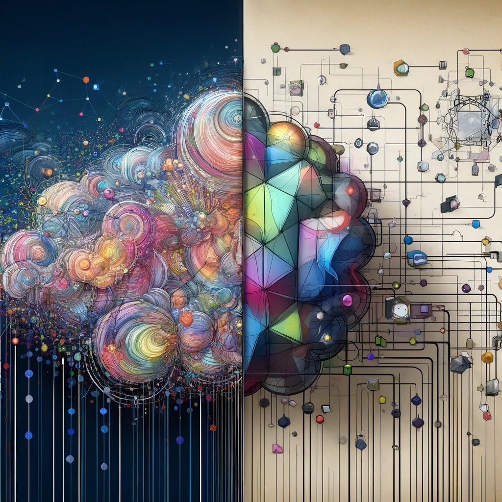 A creative illustration depicting the contrast between large language models and smaller symbolic models. On one side, a massive, sprawling network of colorful, interconnected nodes and flowing data streams represents a large language model, symbolizing its complexity and breadth. On the opposite side, a compact, neatly arranged set of geometric shapes and clear, straightforward connections symbolizes a smaller symbolic model, highlighting its precision and simplicity. The middle of the image shows a subtle overlap, indicating interaction and comparison between the two types of models. The background is subtly shaded to enhance the distinction.