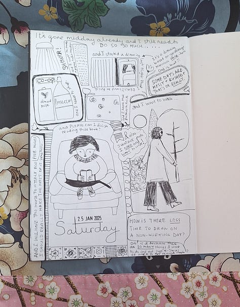 A number of pages of black ink drawings and writing with the date stamped and drawings and words for each day, including patterns, mark making, doodles and some little scenes.