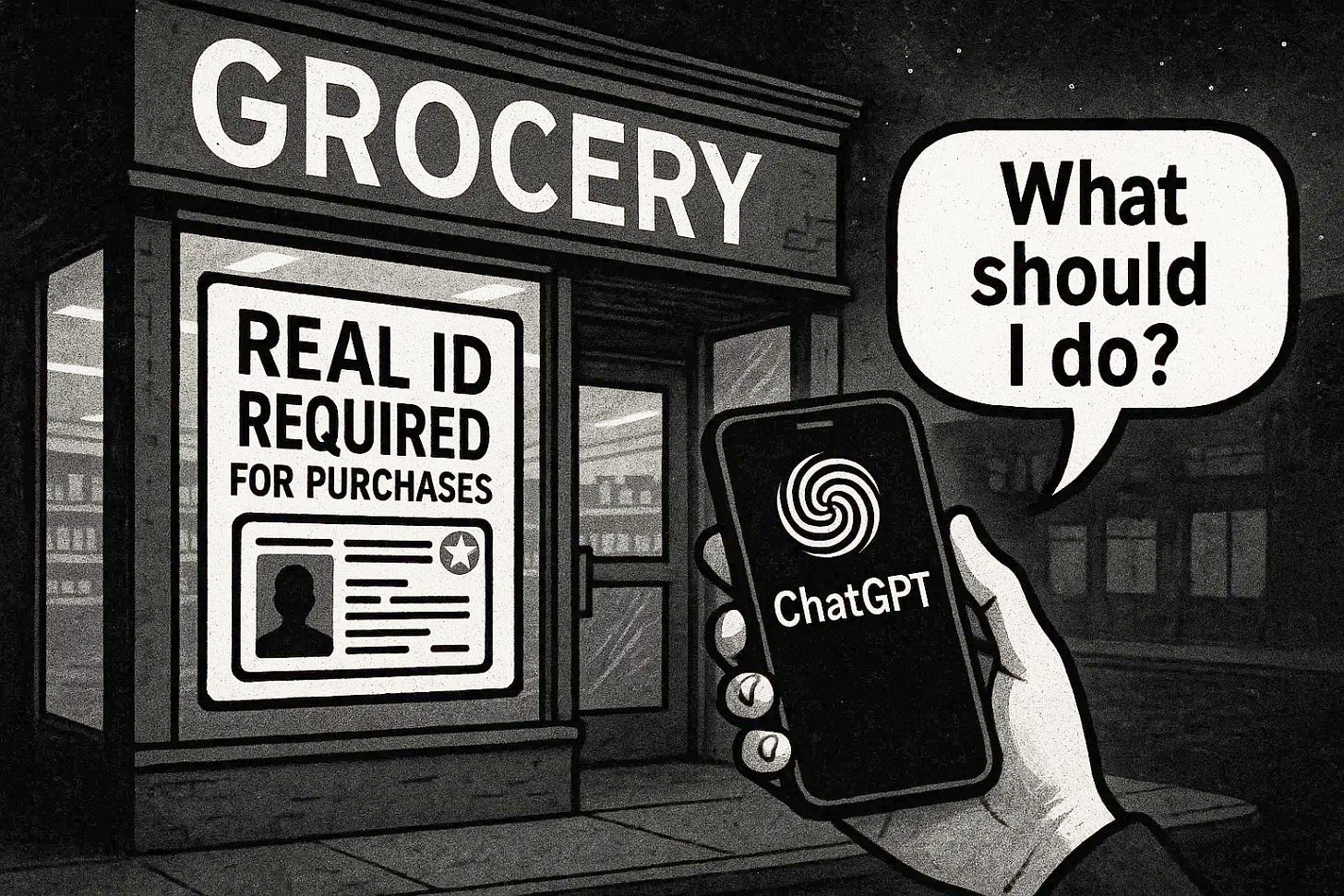 Comical illustration of grocery store with sign “Real ID Required for Purchases” and hand holding smartphone with ChatGPT interface