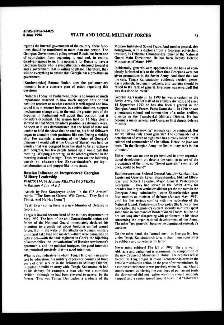 FBIS Report/Translation: 'Russian Influence on Inexperienced Georgian Military Leadership'  8 June 1994.