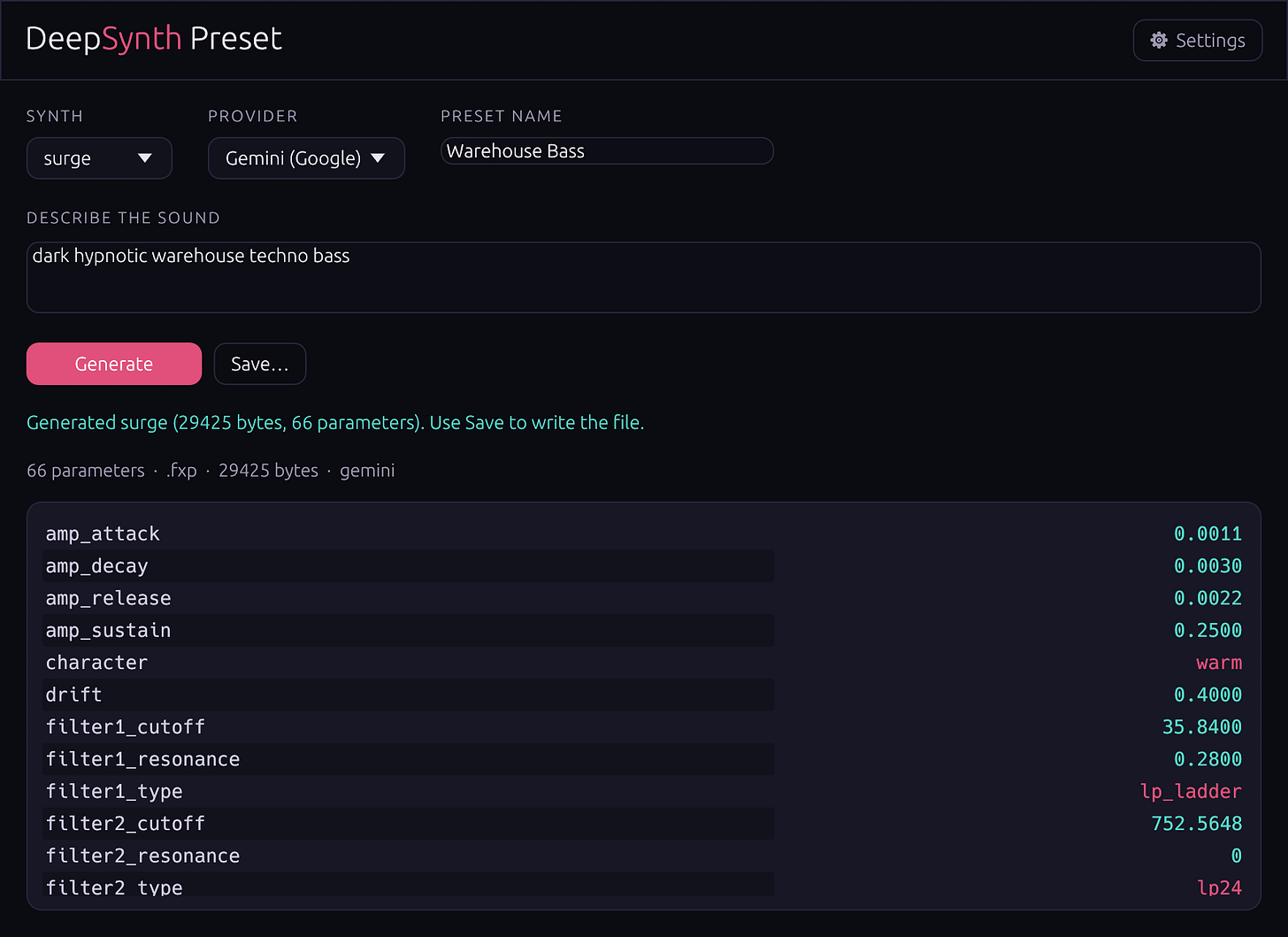 DeepSynth Preset desktop app after generating a Surge XT patch with Gemini