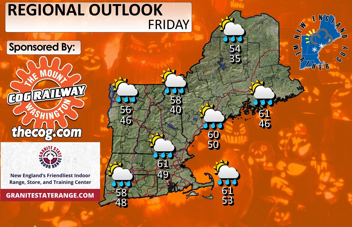 May be a graphic of ‎map and ‎text that says '‎REGIONAL OUTLOOK FRIDAY u Sponsored By: سسيا 54 35 ИE MOUNT OGRAILWAY RAILWAY VASHINGTO" thecog.com C 58 40 56 46 16761 61 46 60 50 New England's Friendliest Indoor Range, Store, and Training Center 61 49 GRANITESTATERANGE.COM 58 48 61 53‎'‎‎