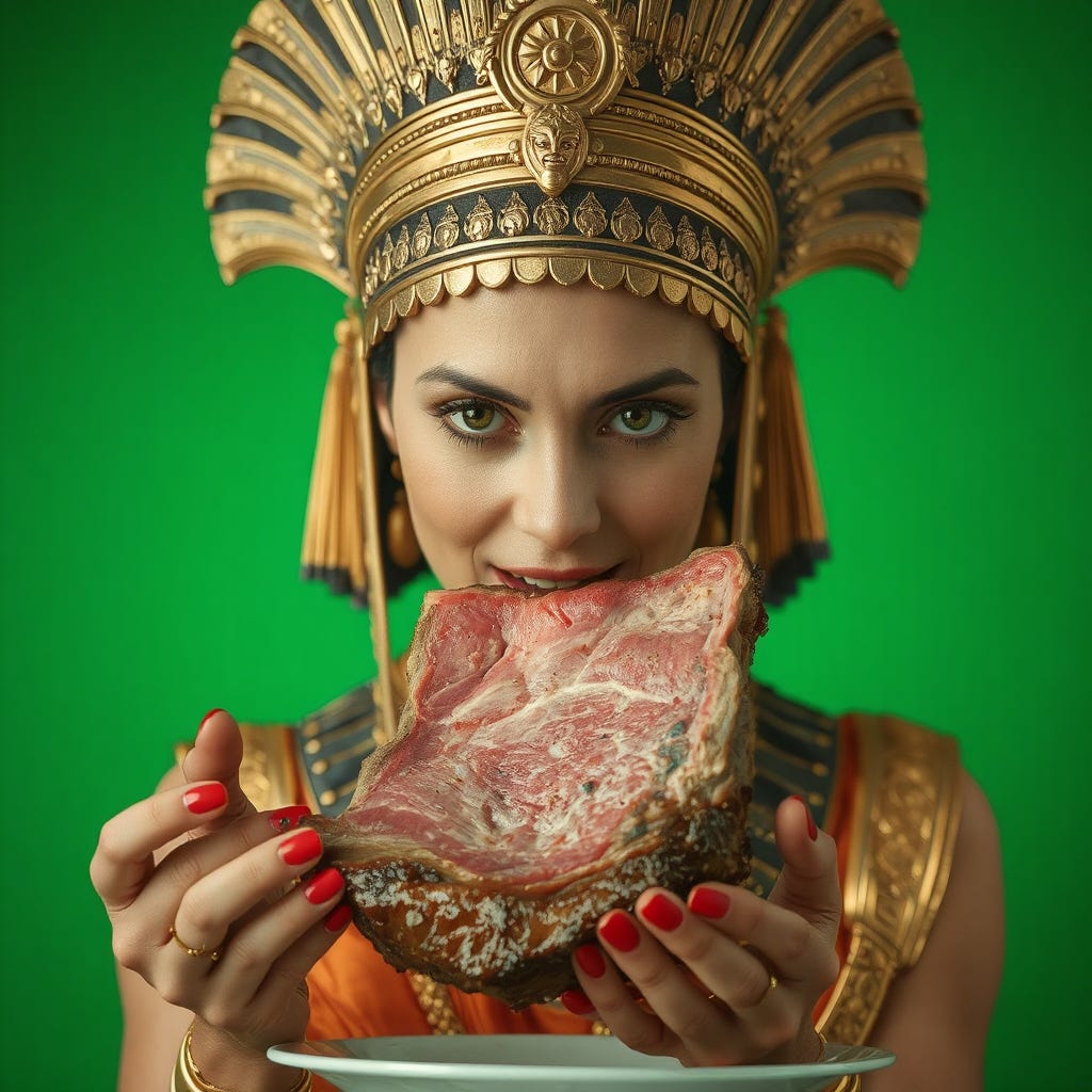 Portrait of ancient Cleopatra wearing gold and traditional colored clothes, eating a huge steak with her hands. Isolated on a vivid contrasting bright green background with space. Portrait of ancient Cleopatra wearing gold and traditional colored clothes, eating a huge steak with her hands. Isolated on a vivid contrasting bright green background with space.