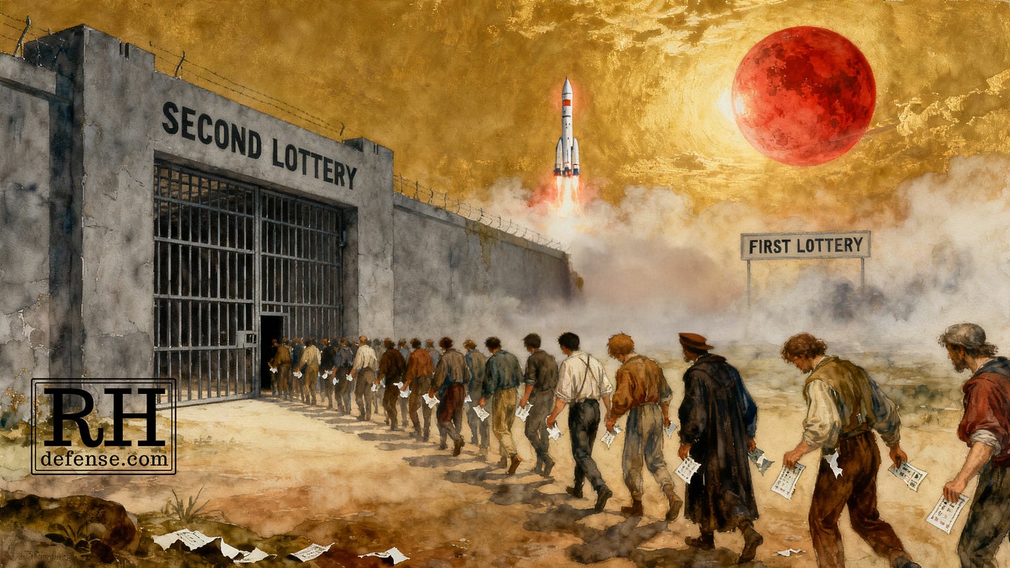 A surreal watercolor-and-oil style painting showing a long line of weary, poor people holding torn lottery tickets as they march toward a massive gray gate labeled “SECOND LOTTERY.” In the smoky distance, a rocket labeled “FIRST LOTTERY” blasts off toward a glowing red planet under a golden sky. The contrast between the grounded crowd and the ascending rocket evokes inequality, false hope, and societal delusion.
