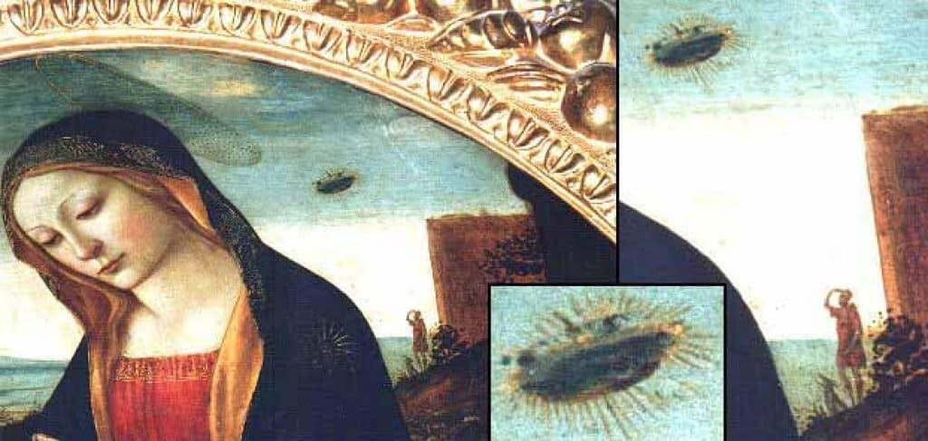 The Madonna with Saint Giovannino painting showing details of celestial object and shepherd with dog.