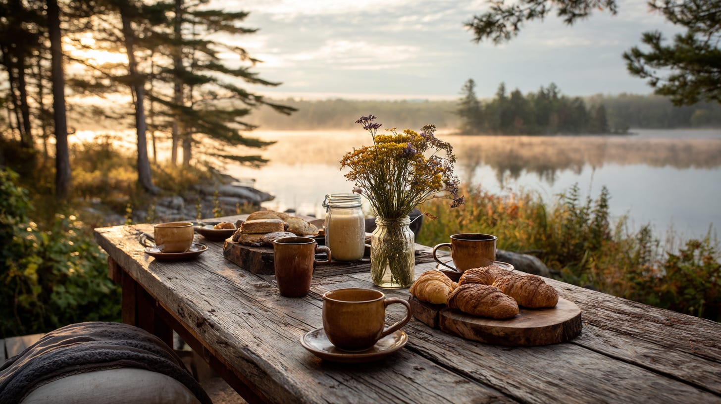 Rustic outdoor table set for two beside a misty Canadian lake at sunrise, with simple dishes, fresh bread, and pine trees in the background. Rustic outdoor table set for two beside a misty Canadian lake at sunrise, with simple dishes, fresh bread, and pine trees in the background.