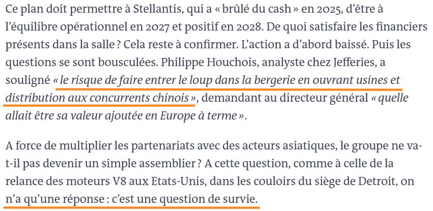 Screenshot of an excerpt from a Le Monde article titled “Stellantis bets both on the ‘muscle truck’ and the electric 2CV in its strategic plan.” The excerpt highlights the risk of letting the wolf into the sheepfold by opening factories and distribution networks to Chinese competitors. Screenshot of an excerpt from a Le Monde article titled “Stellantis bets both on the ‘muscle truck’ and the electric 2CV in its strategic plan.” The excerpt highlights the risk of letting the wolf into the sheepfold by opening factories and distribution networks to Chinese competitors.