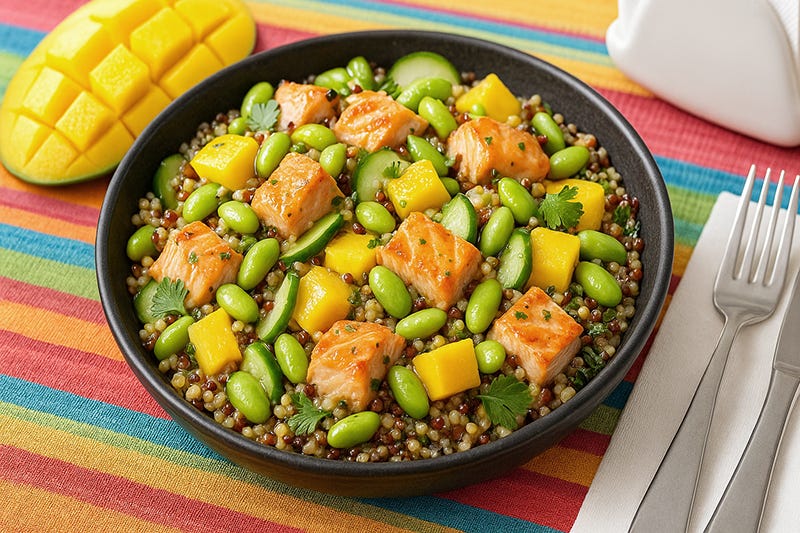 Quinoa tricoloră cu edamame, mango și somon