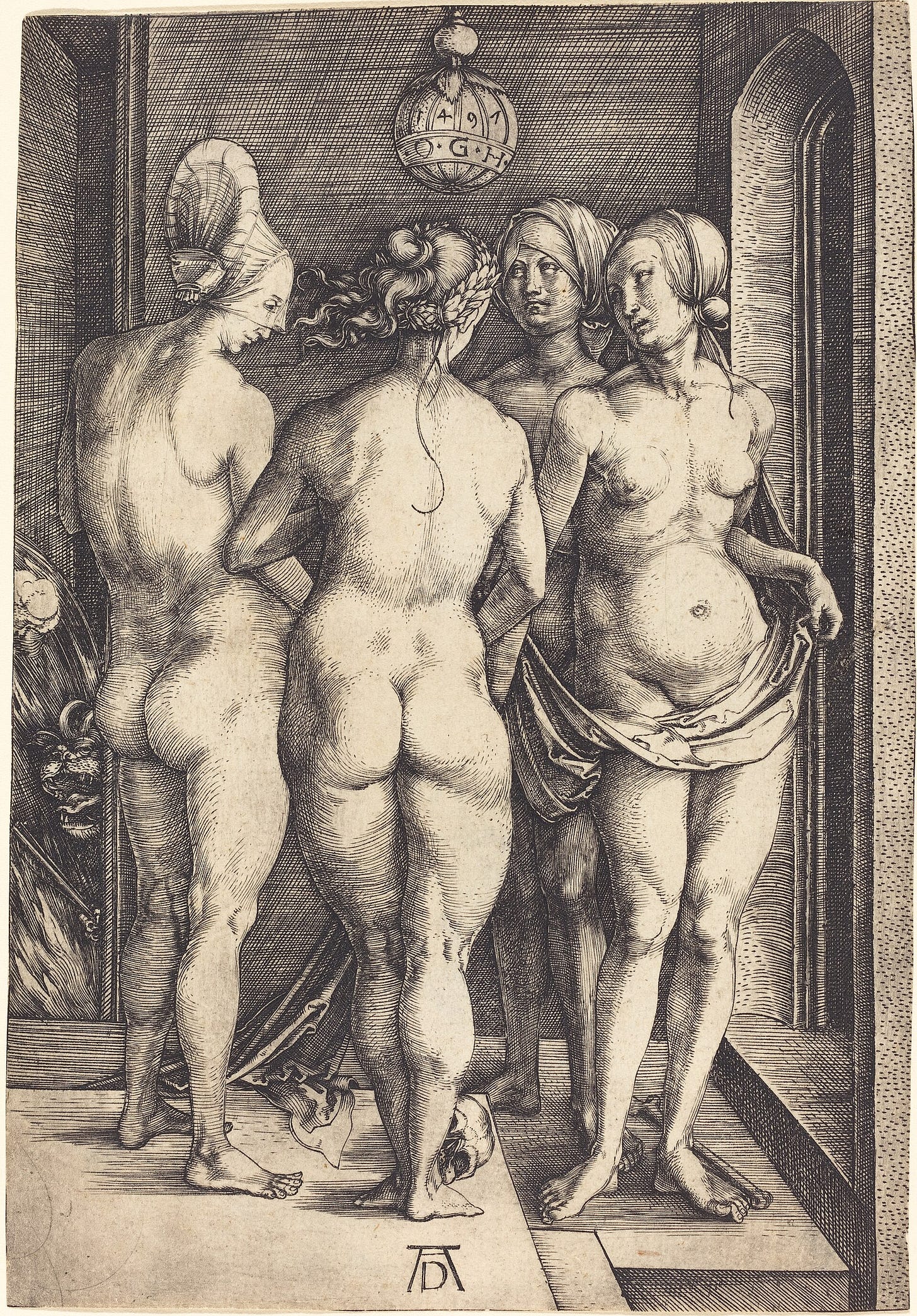 Four Naked Women by Albrecht Dürer: engraving of four nude women in a room, one seen from behind