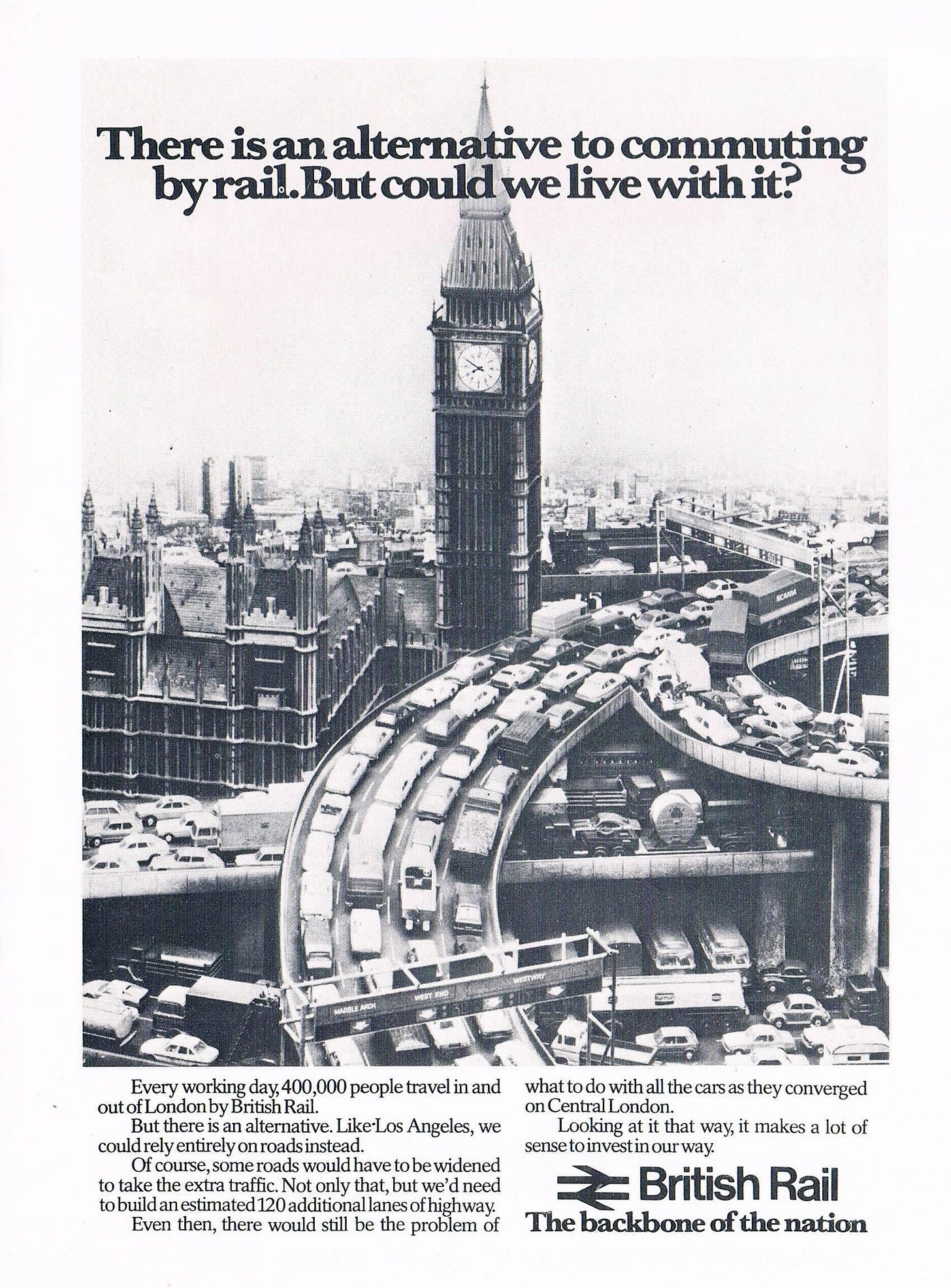 r/london - 1979 advertisement for London transit showing how the city would look if built by American planners.