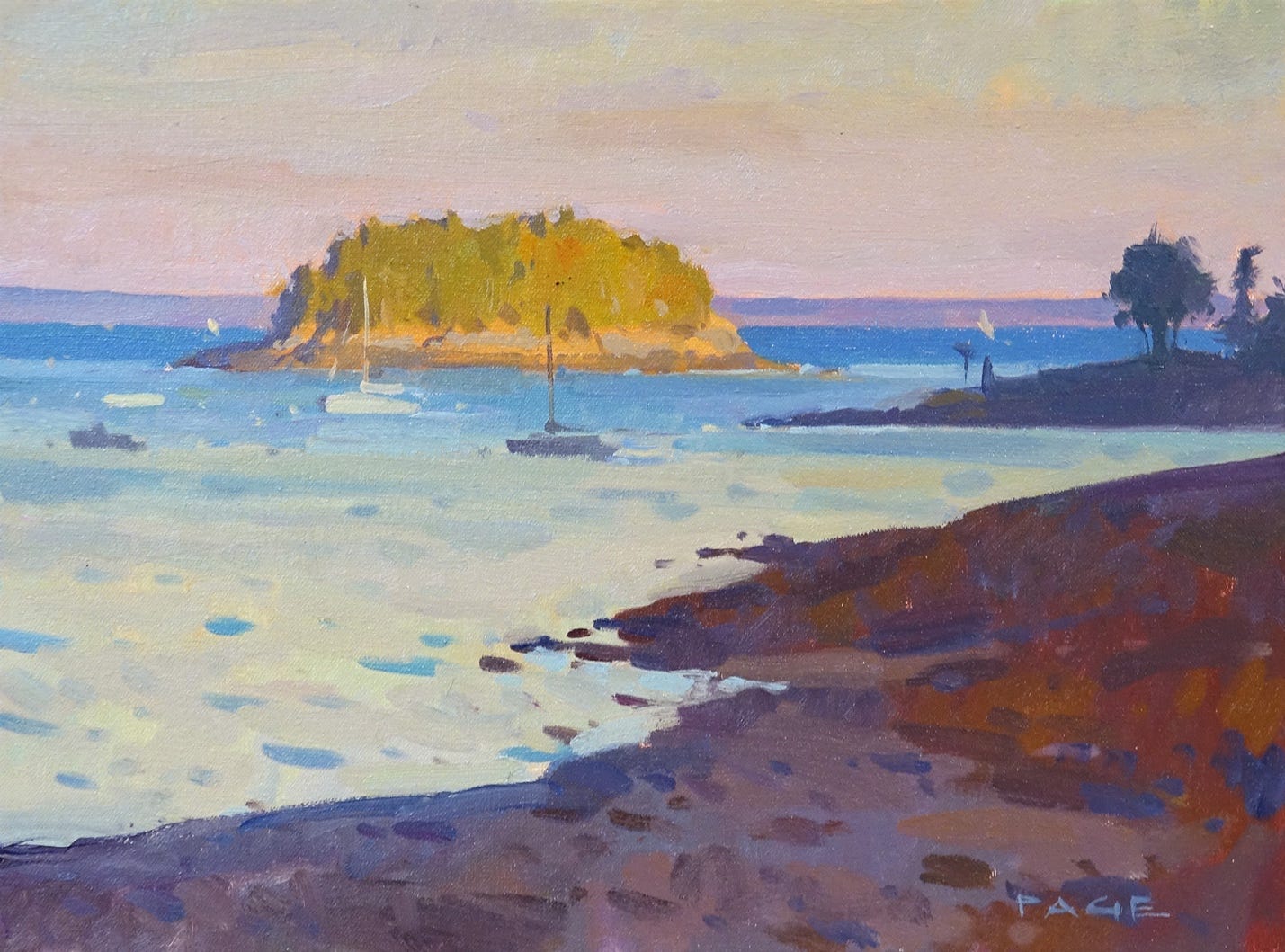 A painting of a beach with a small island in the distance
AI-generated content may be incorrect.