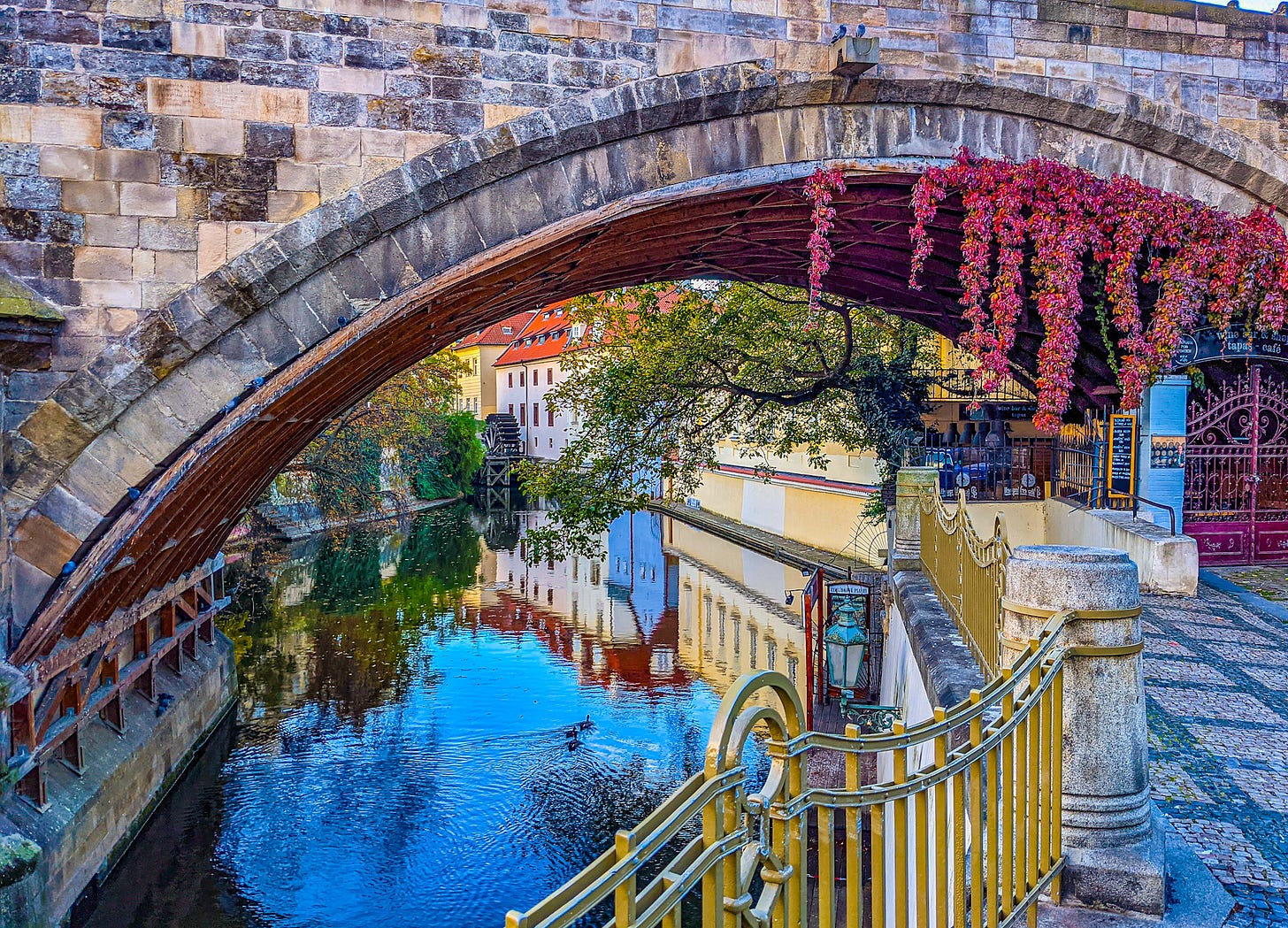 A stone bridge with red ivy hanging from it crosses a small canal. 