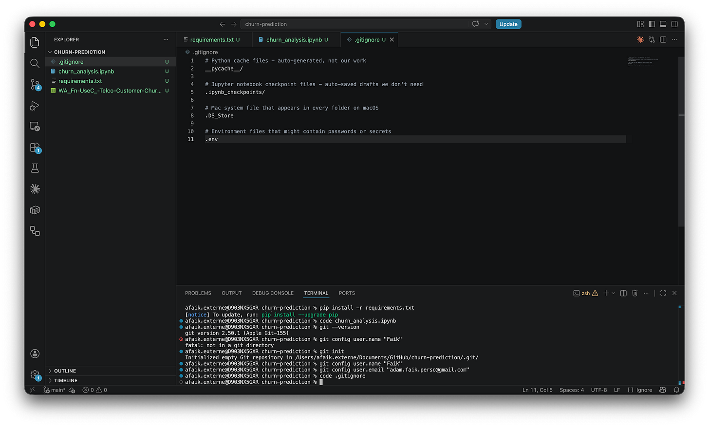 VS Code window showing .gitignore file open in the editor and the integrated terminal with successful pip install, git init, and git config commands
