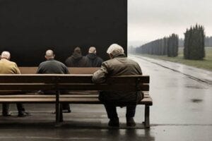 lonely middle aged folks sitting on park benches