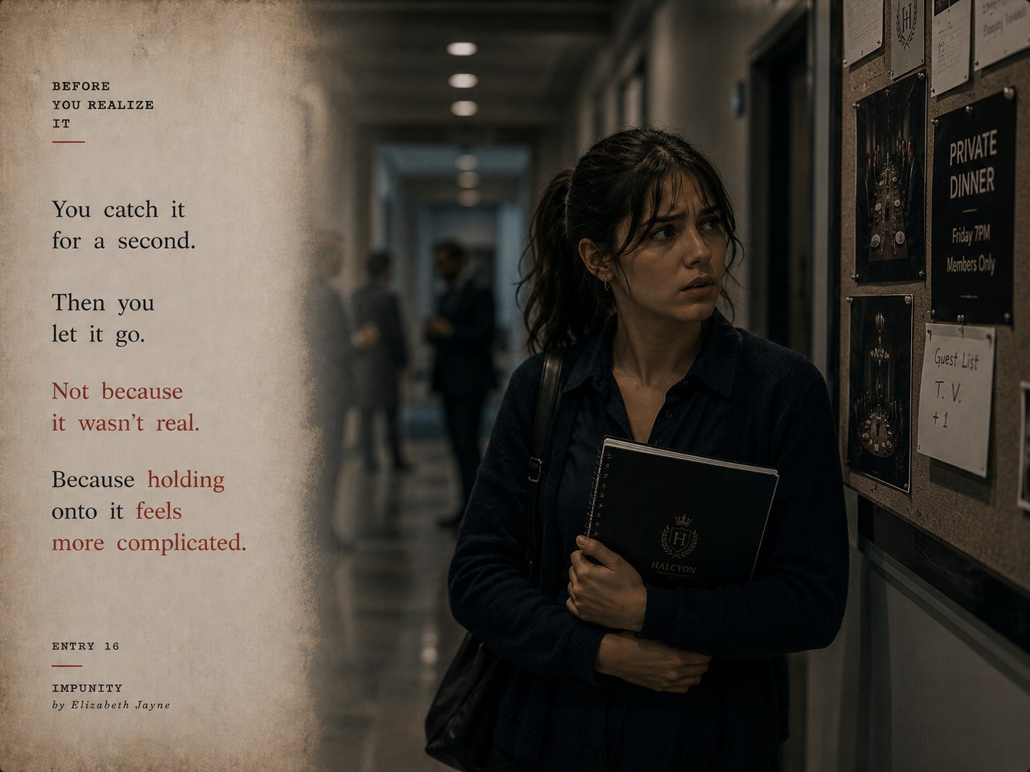 A cinematic editorial-style image showing a young woman alone in a polished institutional lobby holding orientation materials, illustrating grooming, self-doubt, and the gradual normalization of discomfort. A cinematic editorial-style image showing a young woman alone in a polished institutional lobby holding orientation materials, illustrating grooming, self-doubt, and the gradual normalization of discomfort.