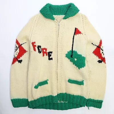 Vintage Golf Fore Wool Knit Cowichan Sweater Size Large Green Accent - Picture 1 of 13