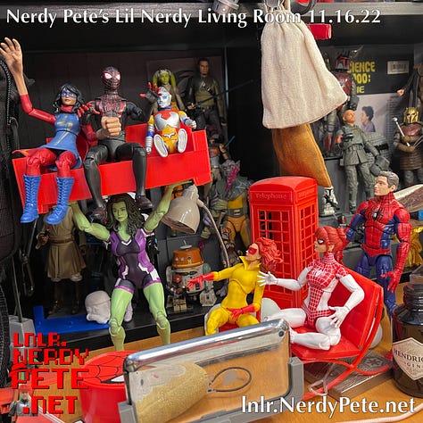 Various action figures from my collection lounging in a 3d printed living room with hard wood floors (it's actually my wood-grain desktop).