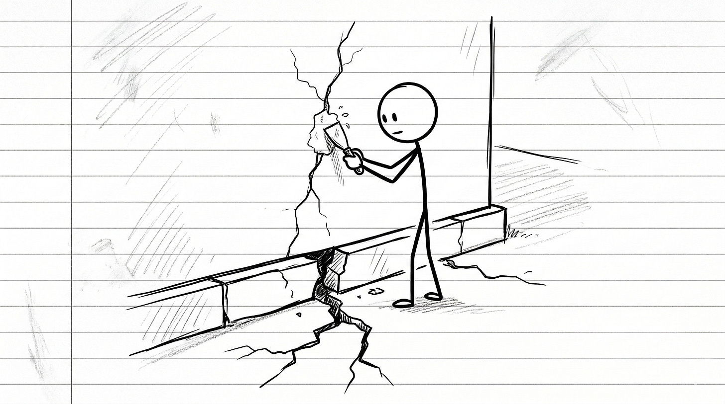 A hand drawn stick figure patches a crack in a wall while a much larger crack spreads through the foundation beneath it on lined notebook paper.