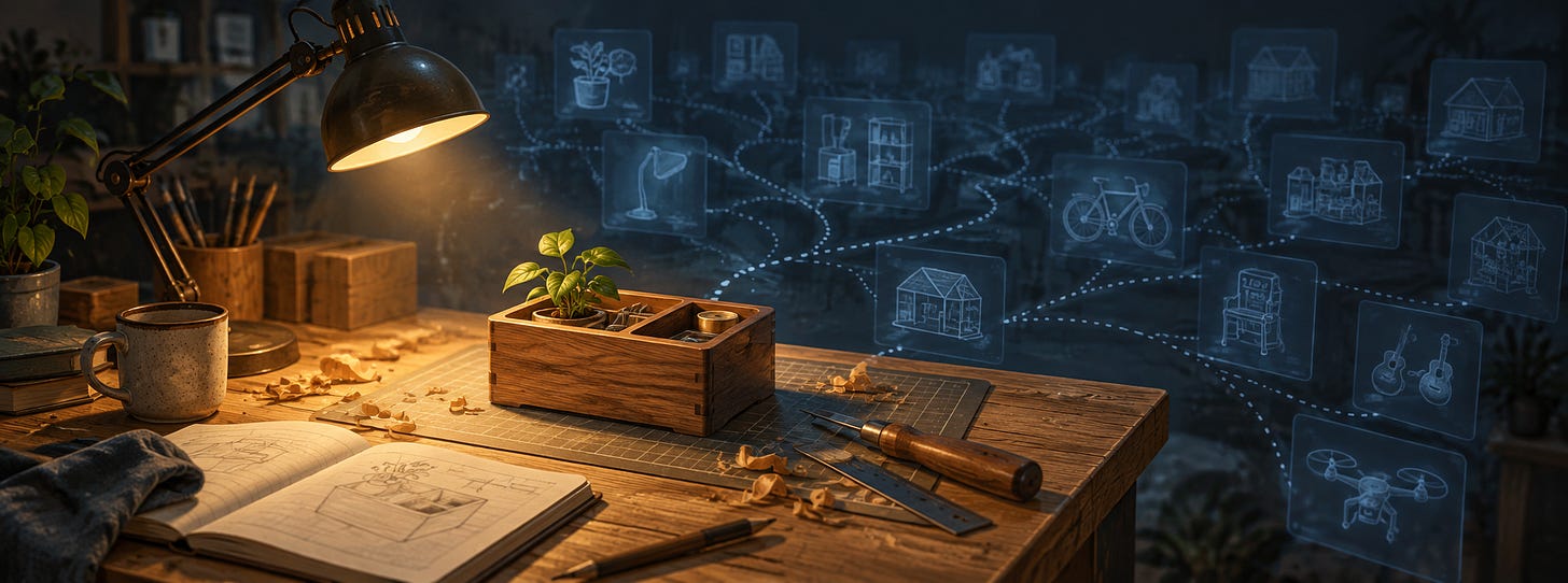 A desk with woodworking and images floating behind. A desk with woodworking and images floating behind.